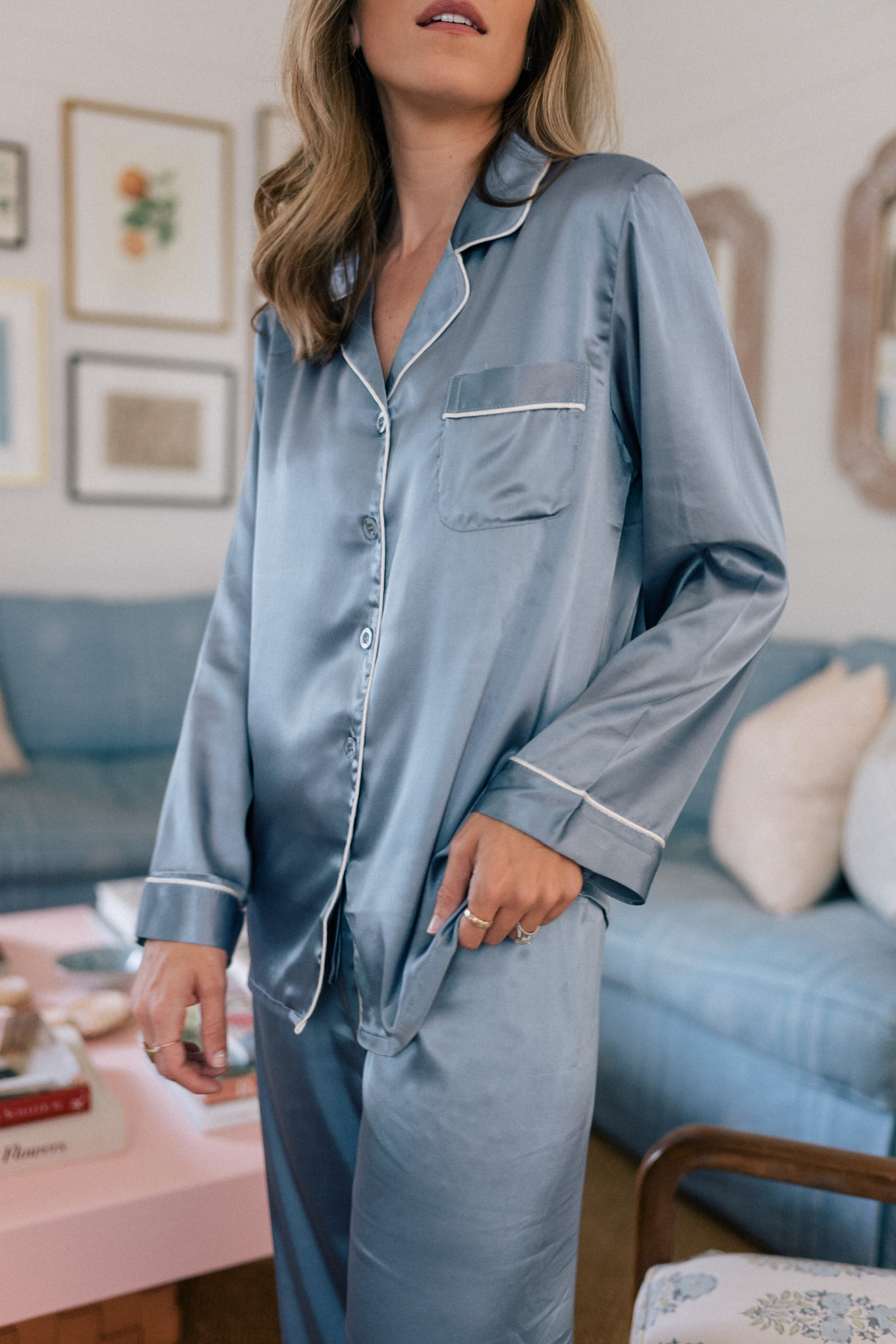 blue silk pajamas
