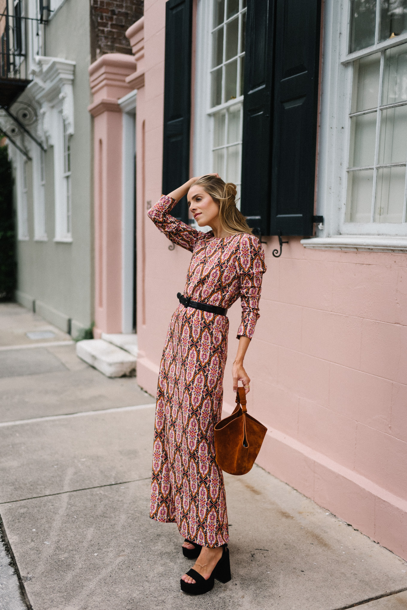 pink pattern long sleeved swing dress