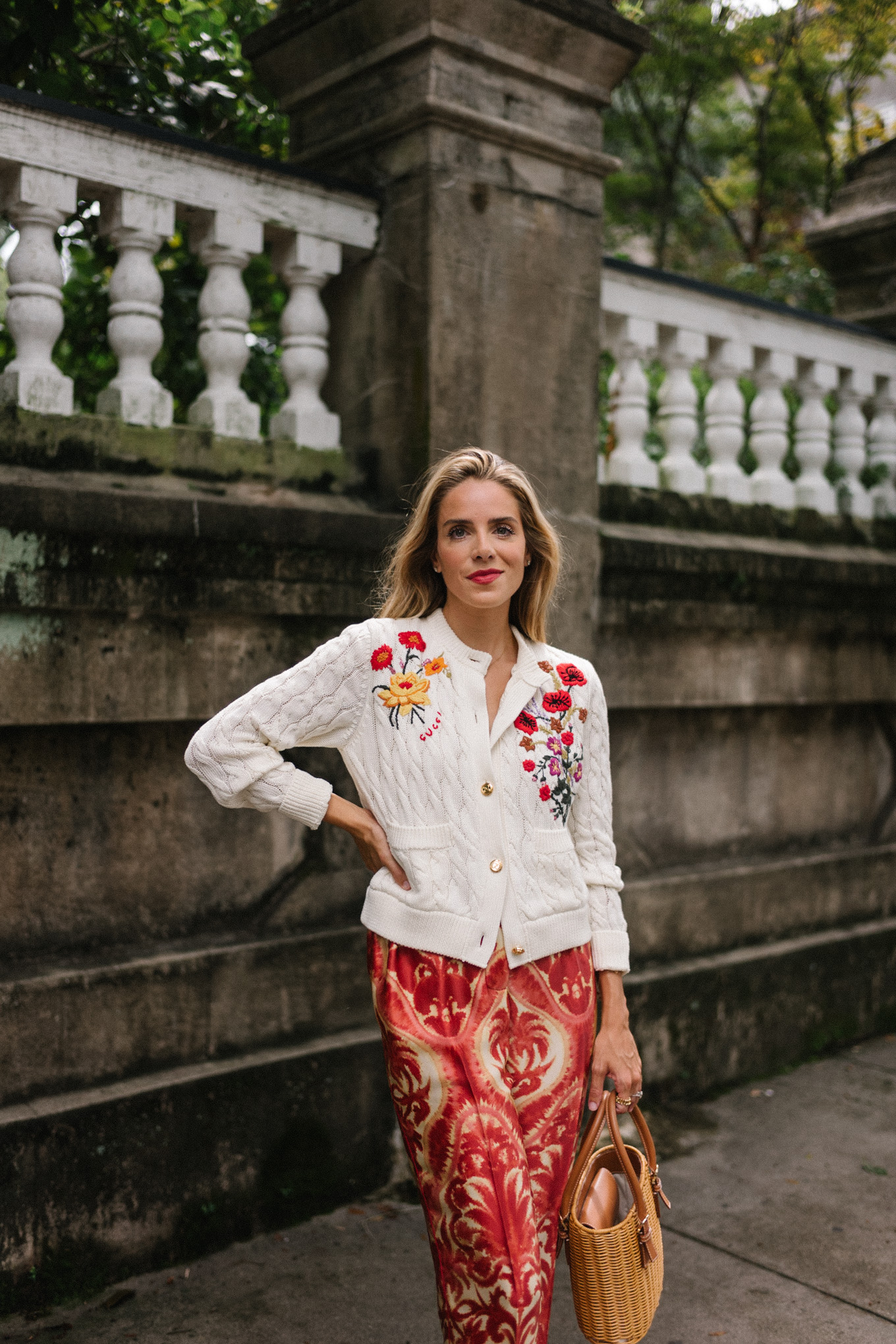 cream embroidered cardigan red patterned silk pants