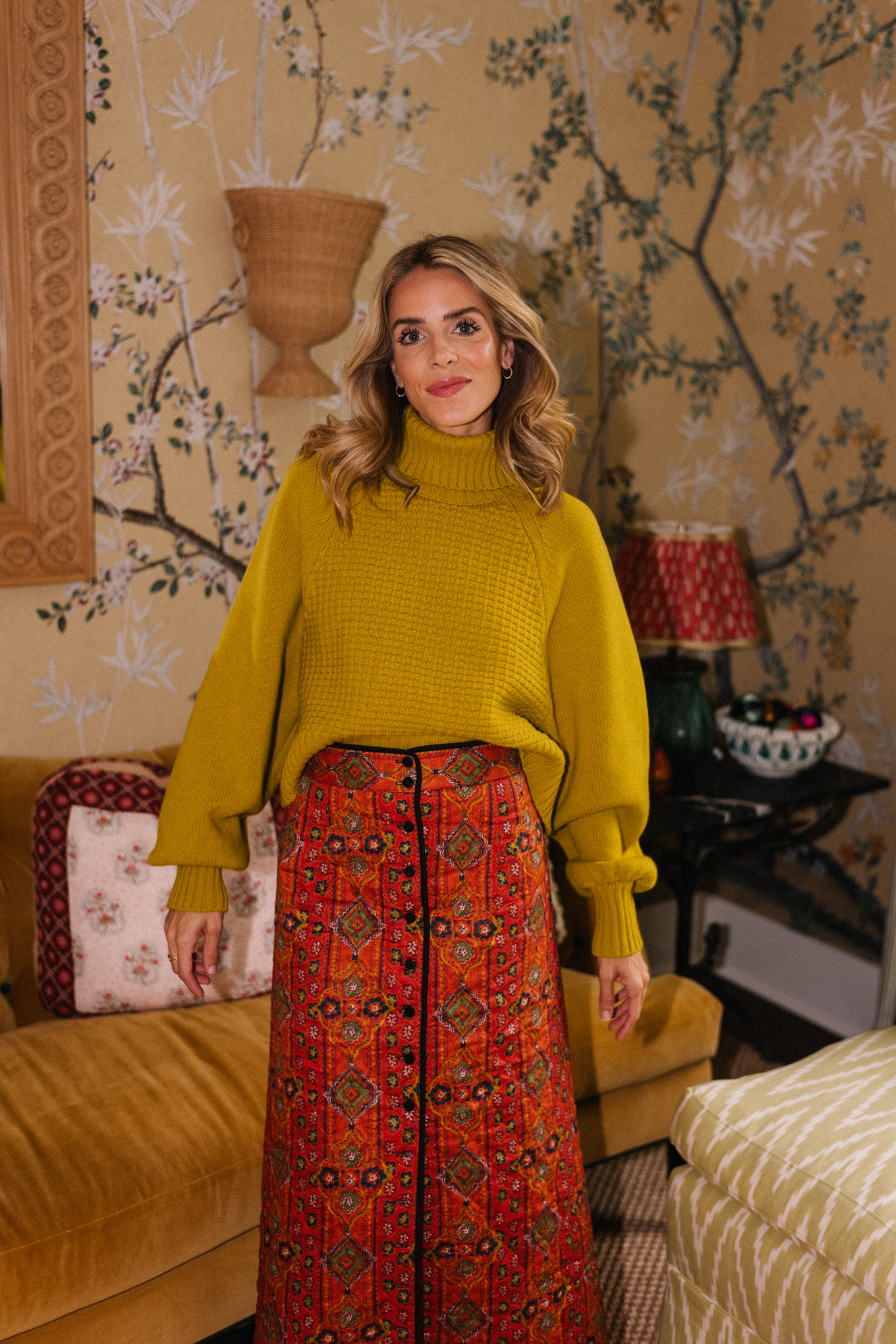 gold turtleneck sweater patterned maxi skirt