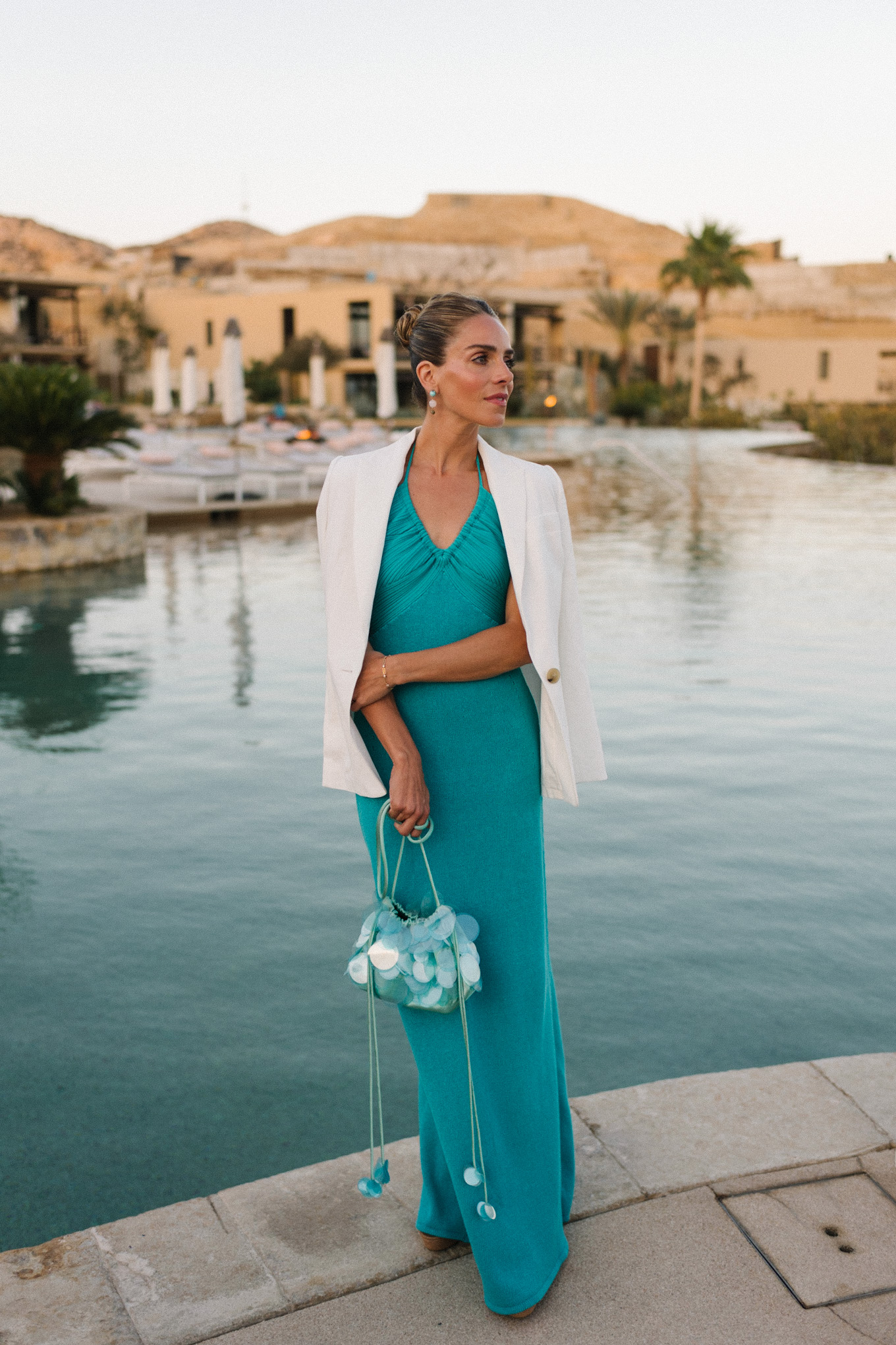 turquoise dress white blazer turquoise sequin handbag