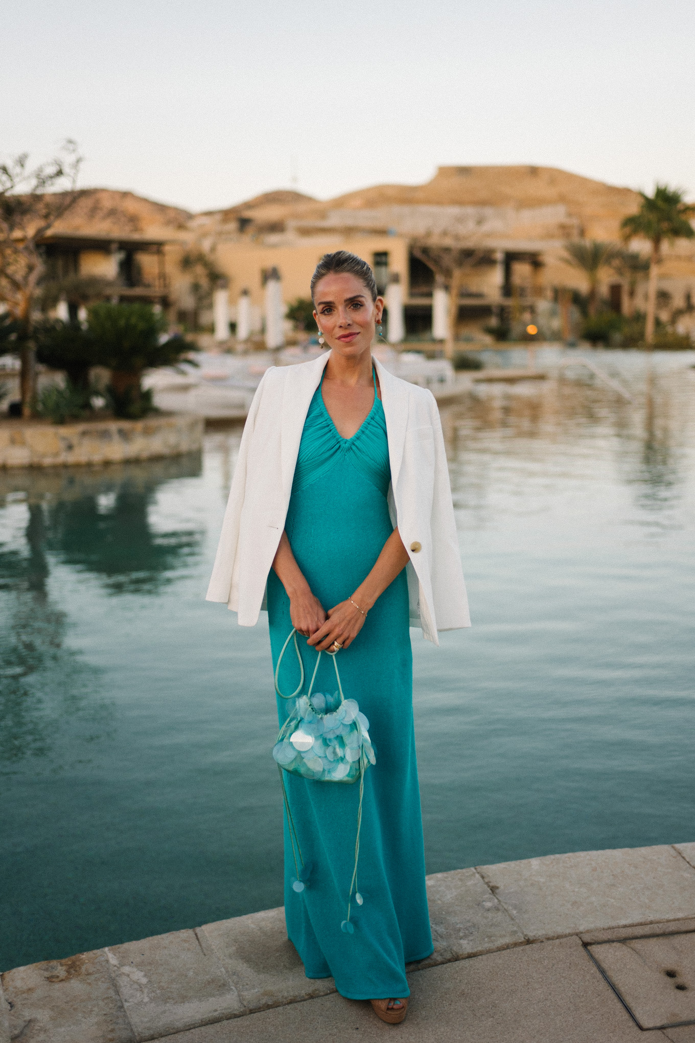turquoise dress white blazer turquoise sequin handbag