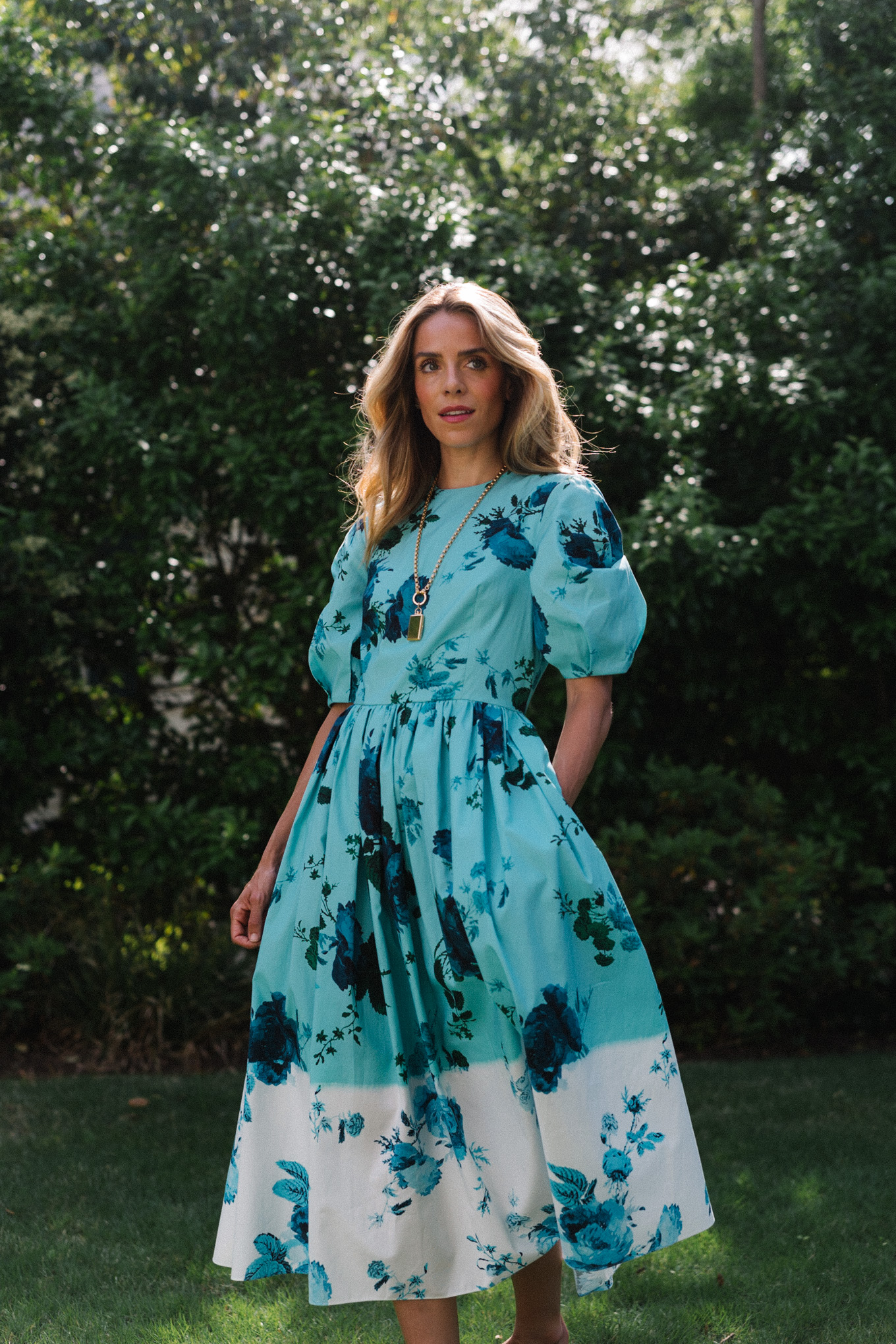 turquoise floral puff sleeved midi dress