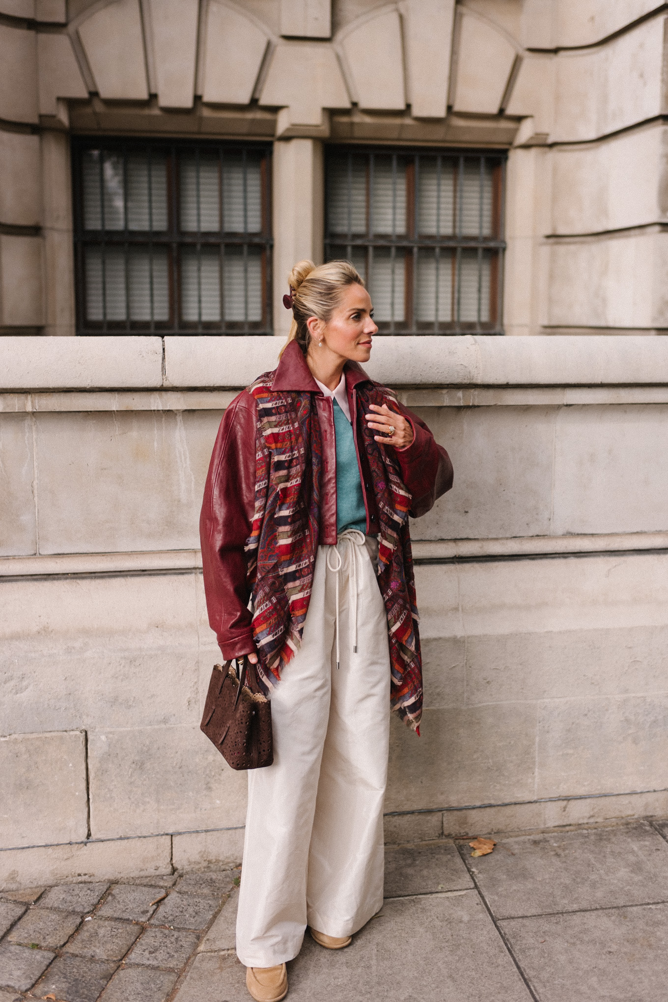 maroon leather jacket striped scarf turquoise sweater white button down shirt cream wide leg pants