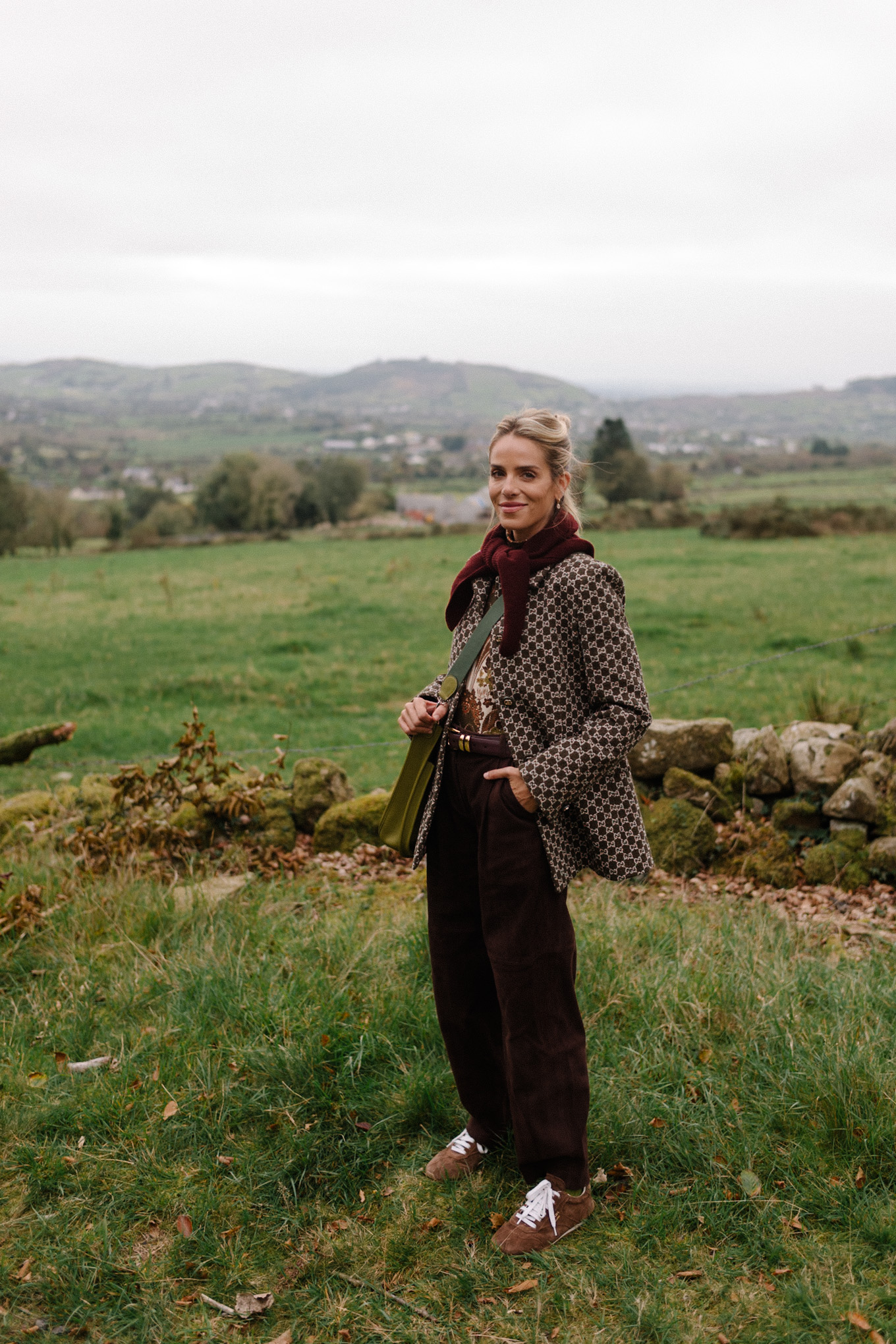 checkered blazer jacket maroon scarf brown suede wide leg pants brown sneakers