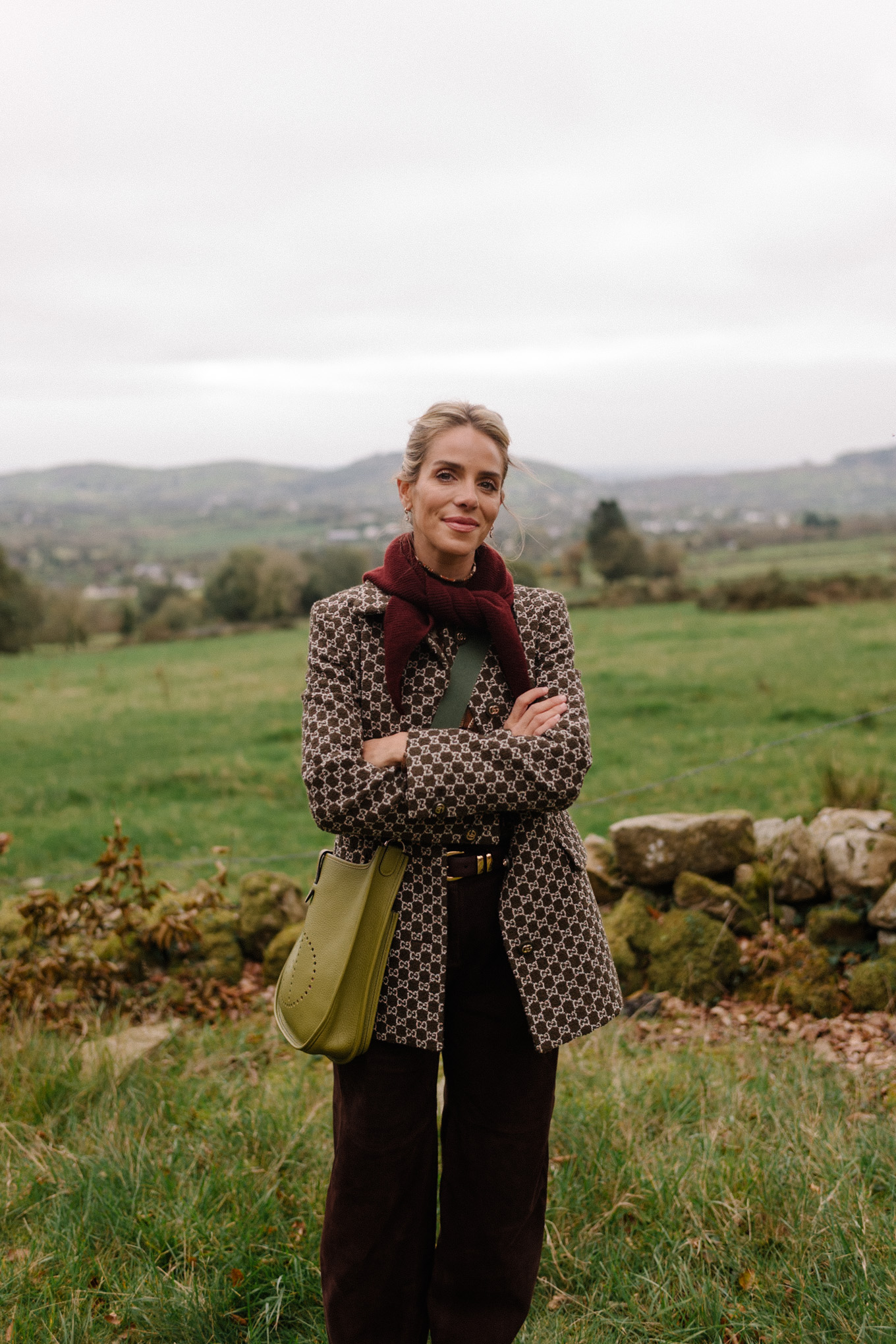 checkered blazer jacket maroon scarf brown suede wide leg pants brown sneakers