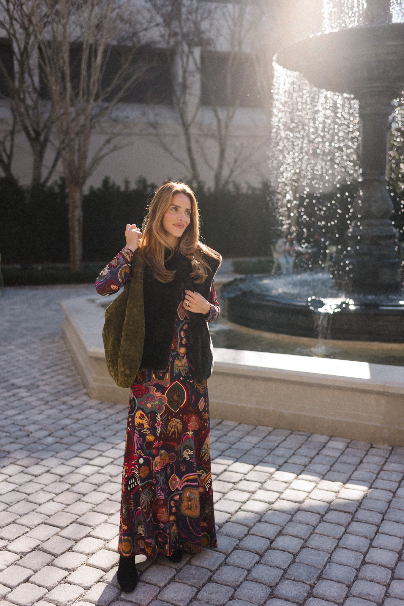 patterned maxi dress faux fur dress suede hobo bag