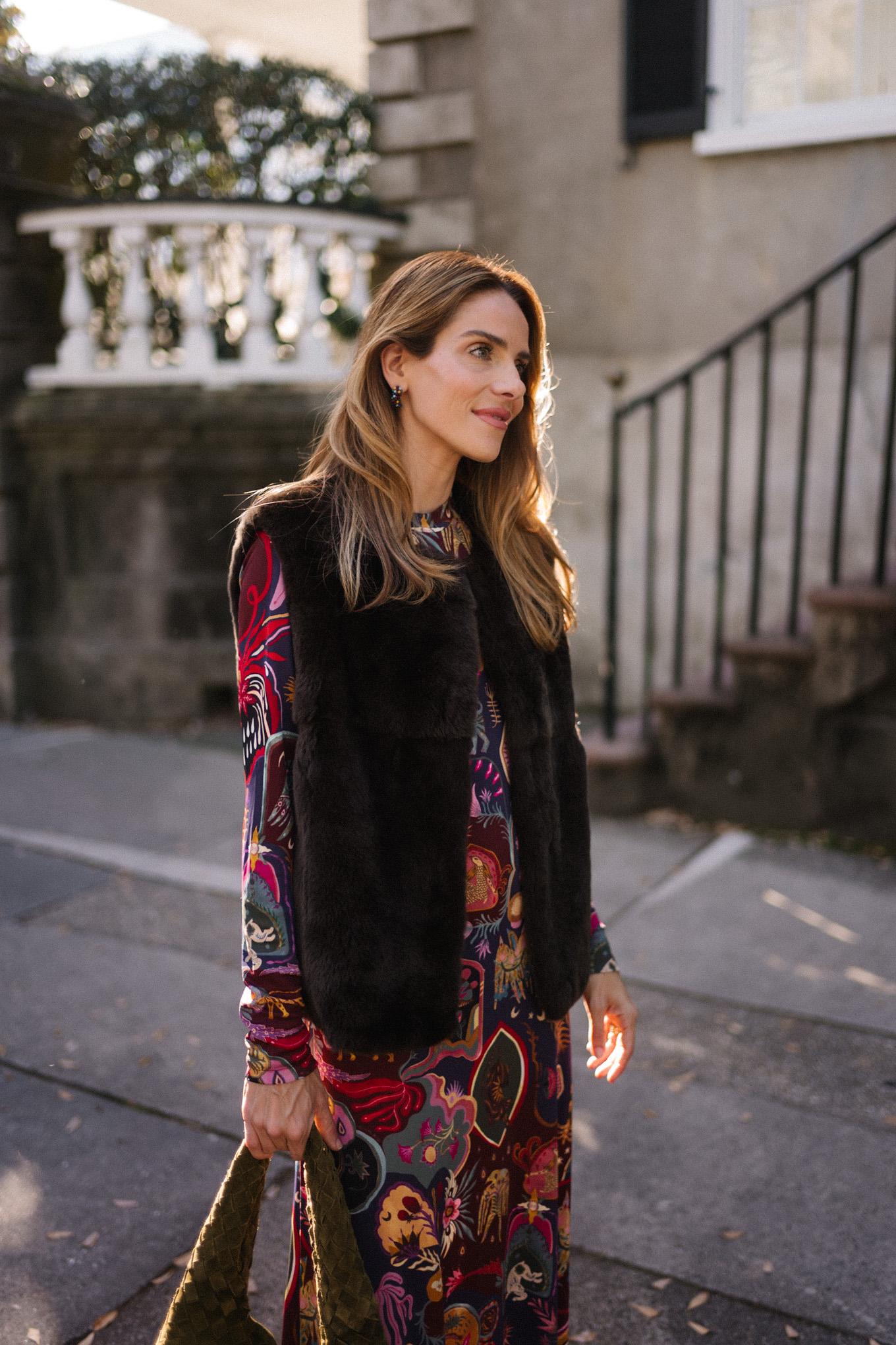 patterned maxi dress faux fur dress suede hobo bag