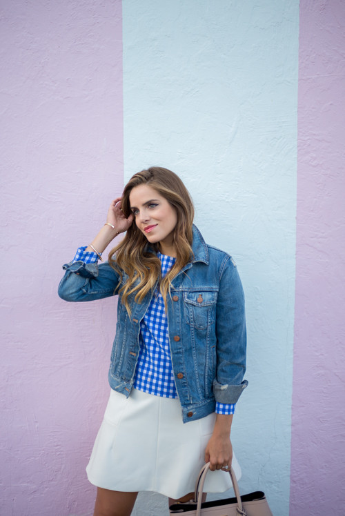 Blue Gingham Top Jean Jacket and White Skirt Julia Berolzheimer