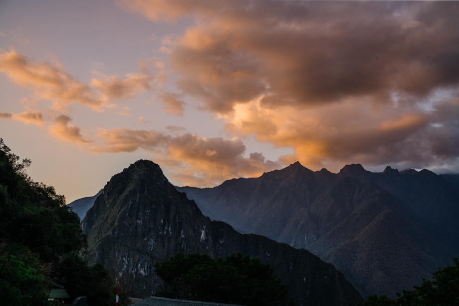 Sunset over Huayna Picchu in Machu Picchu Peru