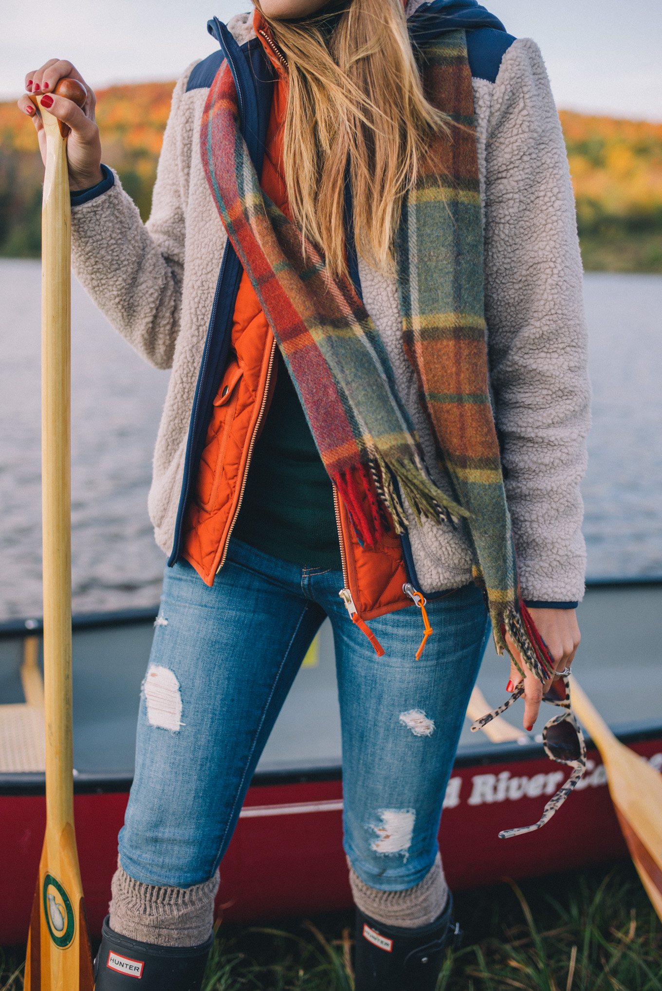 Gal Meets Glam Morning Canoe in New England Fall Leaves