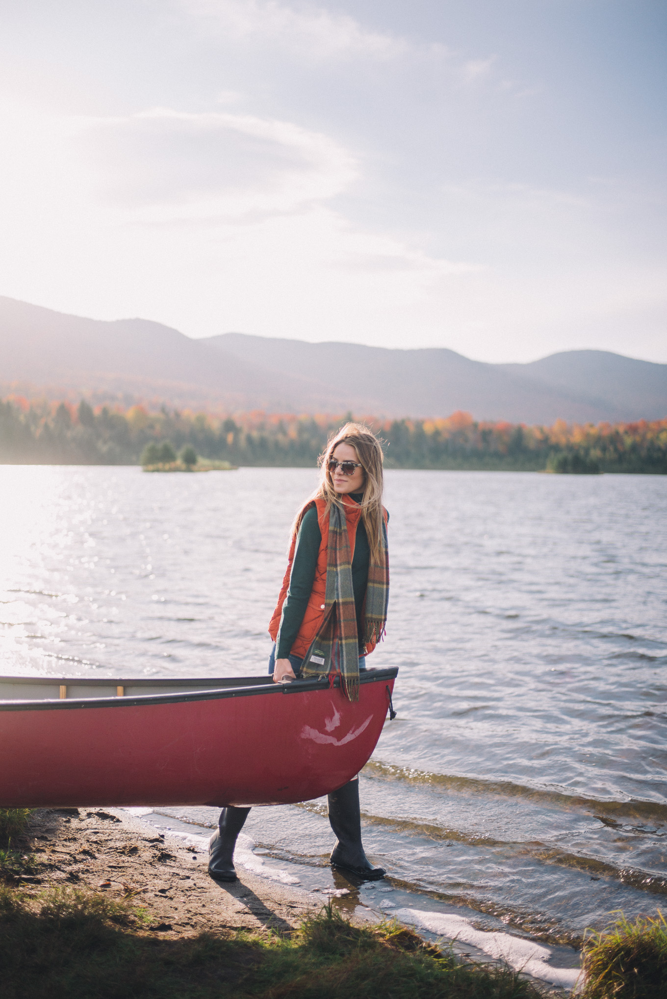 Gal Meets Glam Morning Canoe in New England Fall Leaves