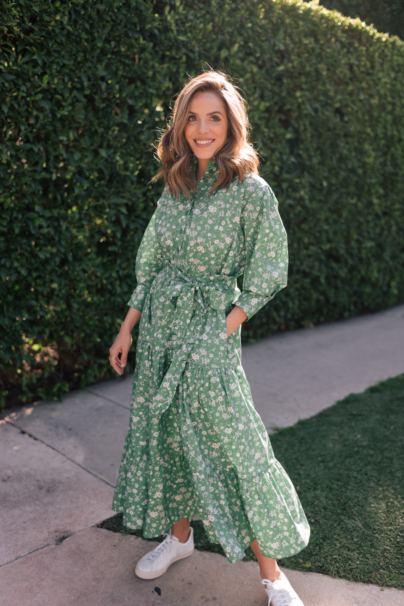 A Green and White Floral Shirtdress in ...