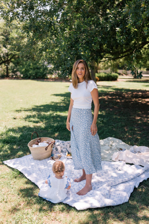 blue white floral skirt