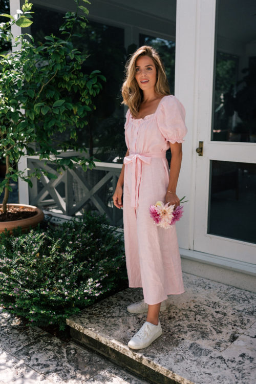 pink belted linen dress