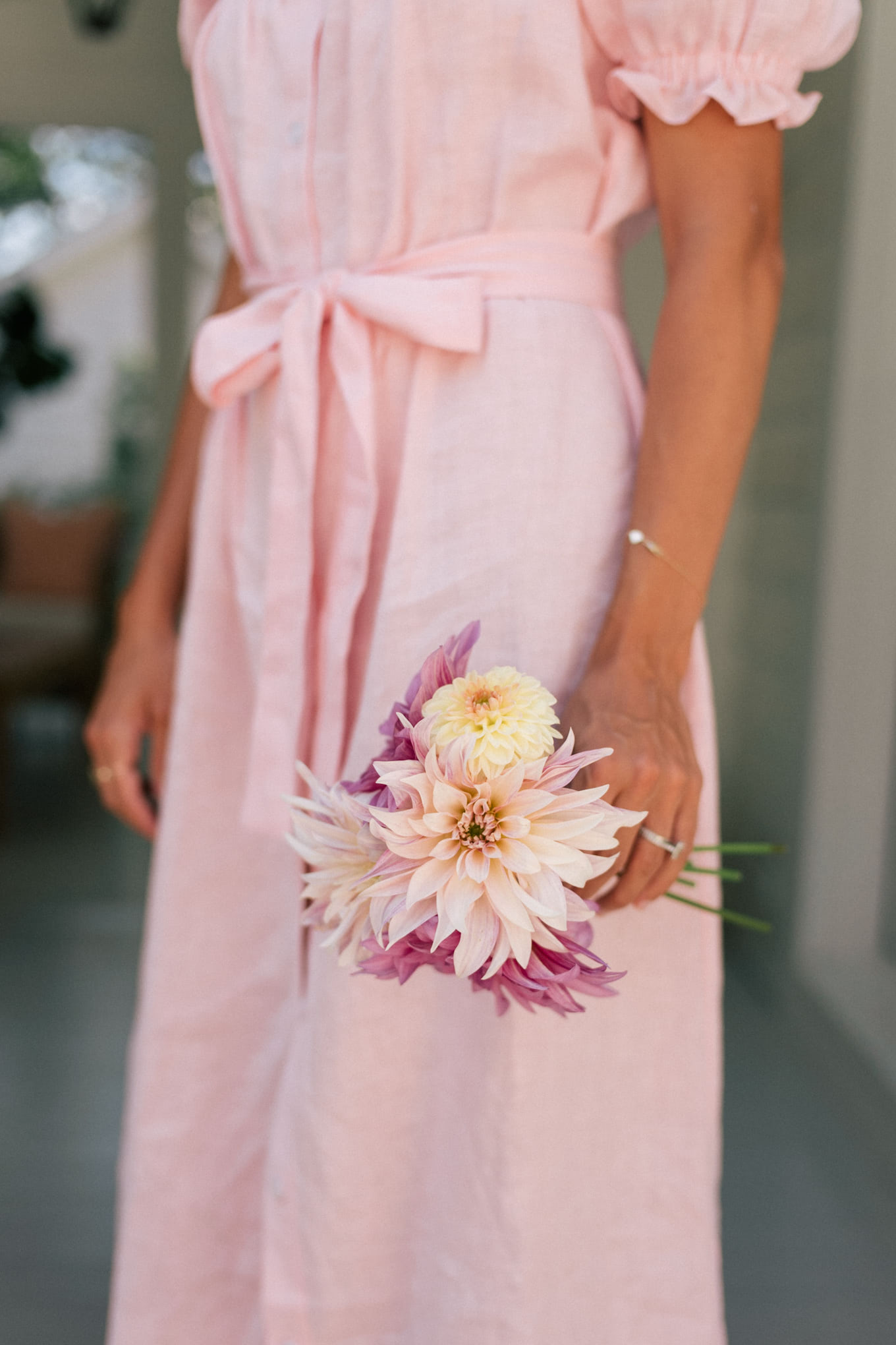pink belted linen dress
