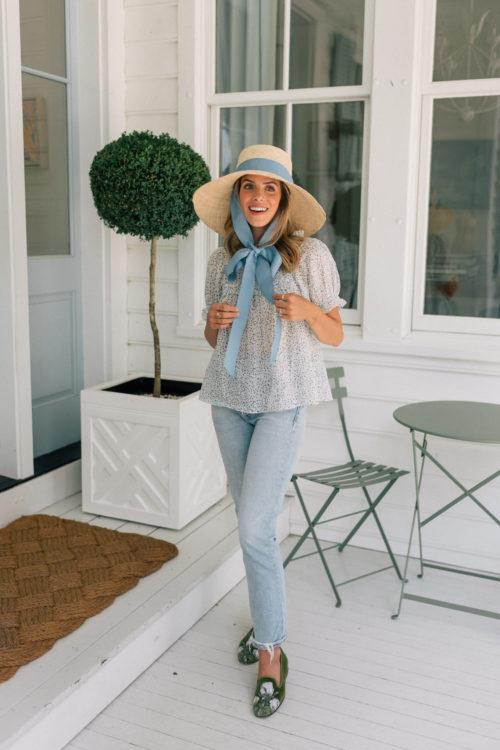 light denim floral top sun hat