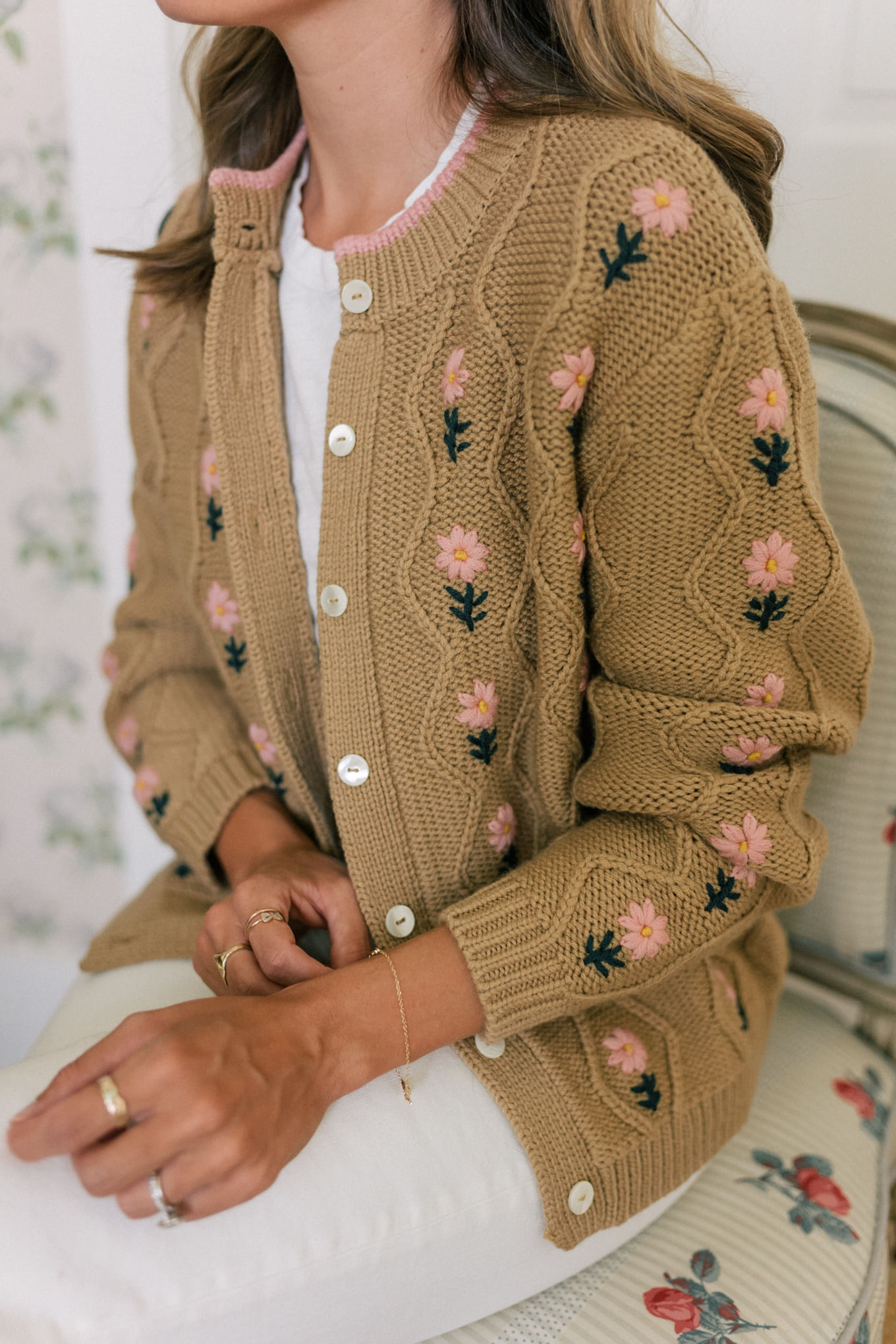 tan cardigan with pink flowers