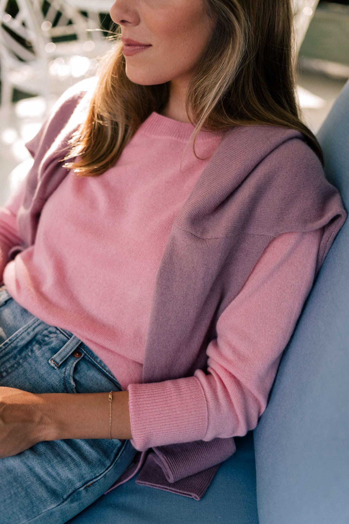 pink purple knit sweater jeans