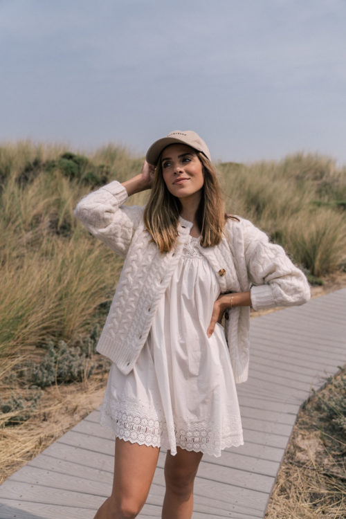 white dress white cardigan