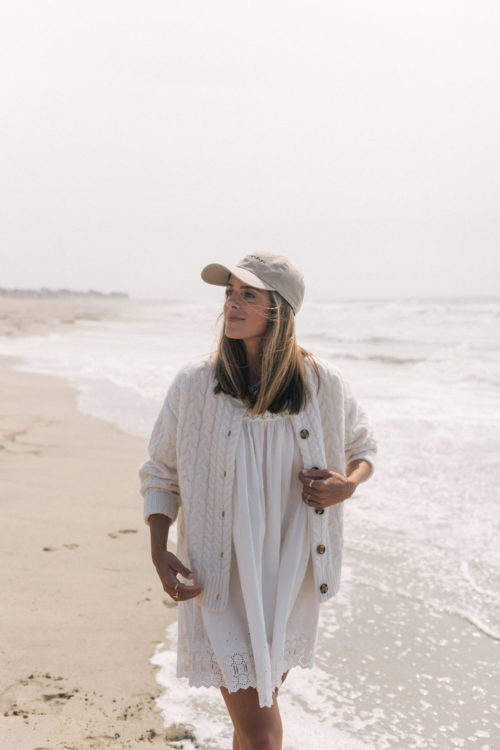 white dress white cardigan
