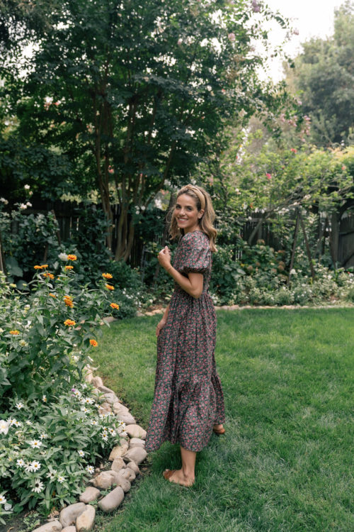 brown pink floral dress