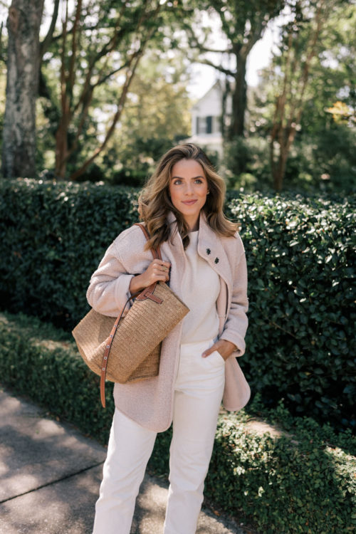 cream sherpa jacket white denim