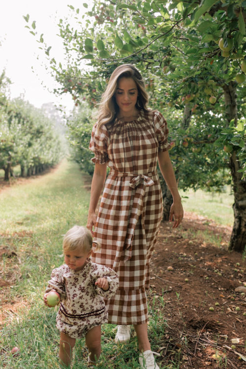 fall brown white gingham dress