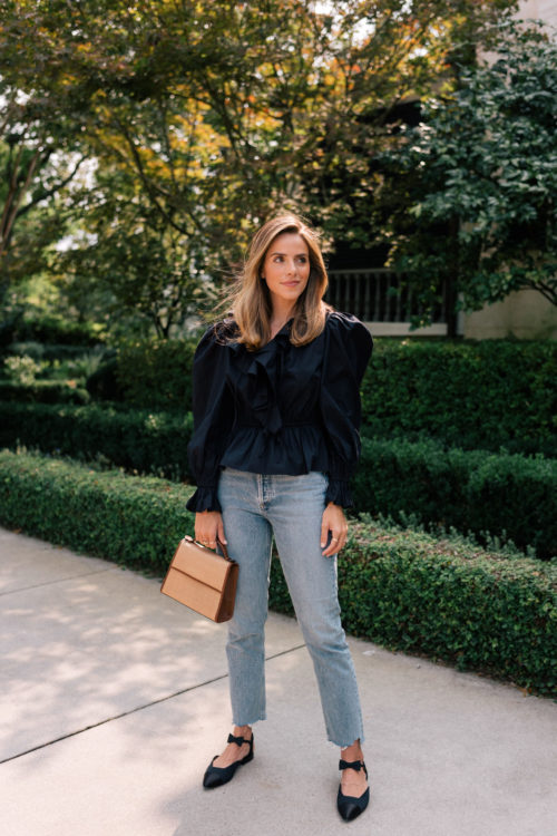 black blouse light denim