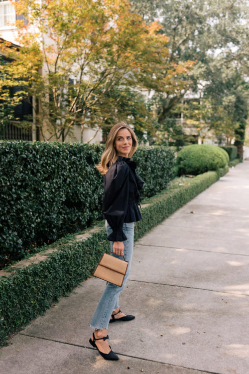 black blouse light denim