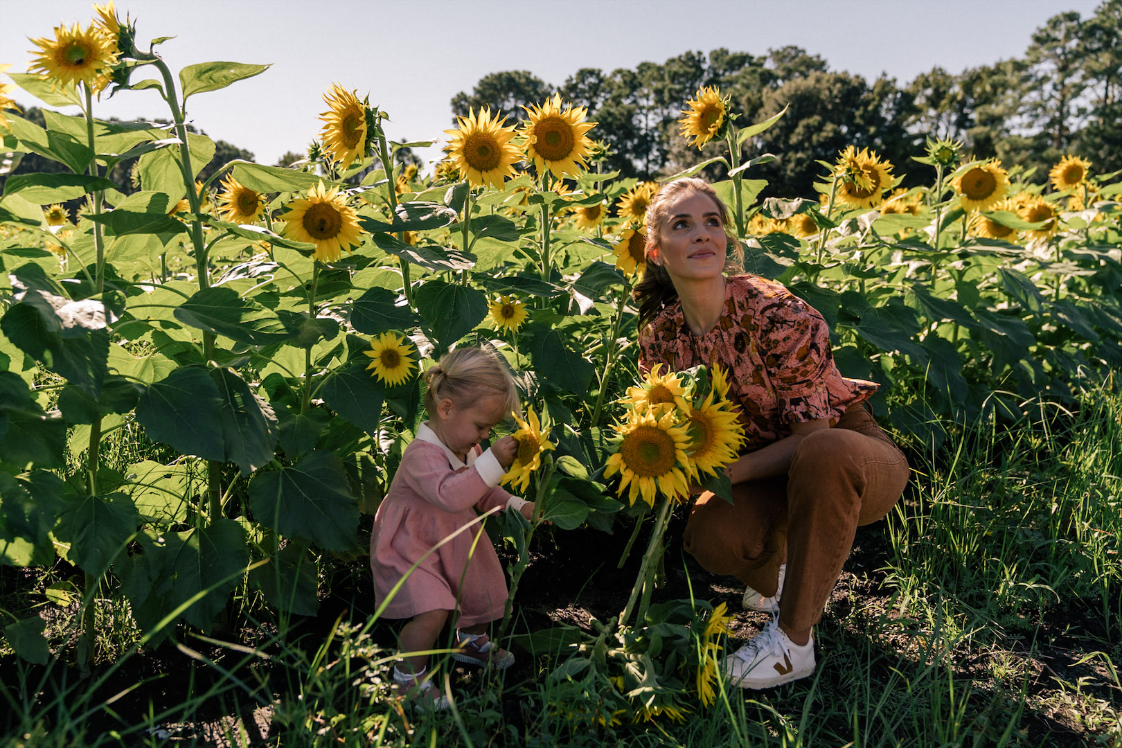 pink floral top brown pants sunflowers