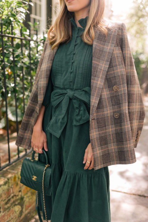 green dress plaid blazer black boots