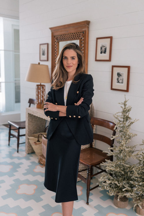 black blazer black silk skirt