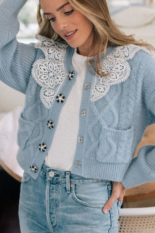 blue cardigan white lace collar