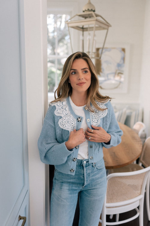 blue cardigan white lace collar