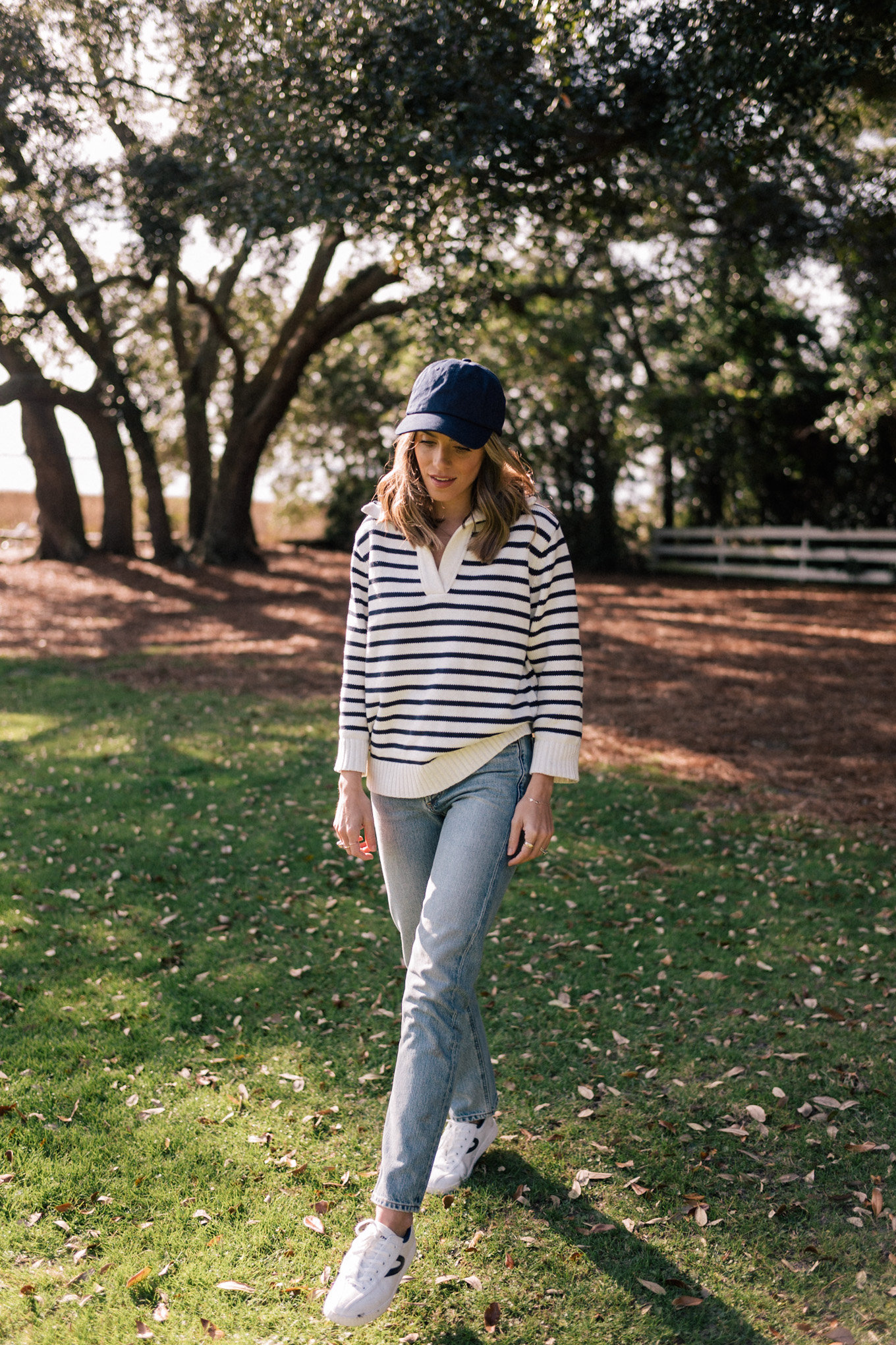 blue hat blue striped pullover