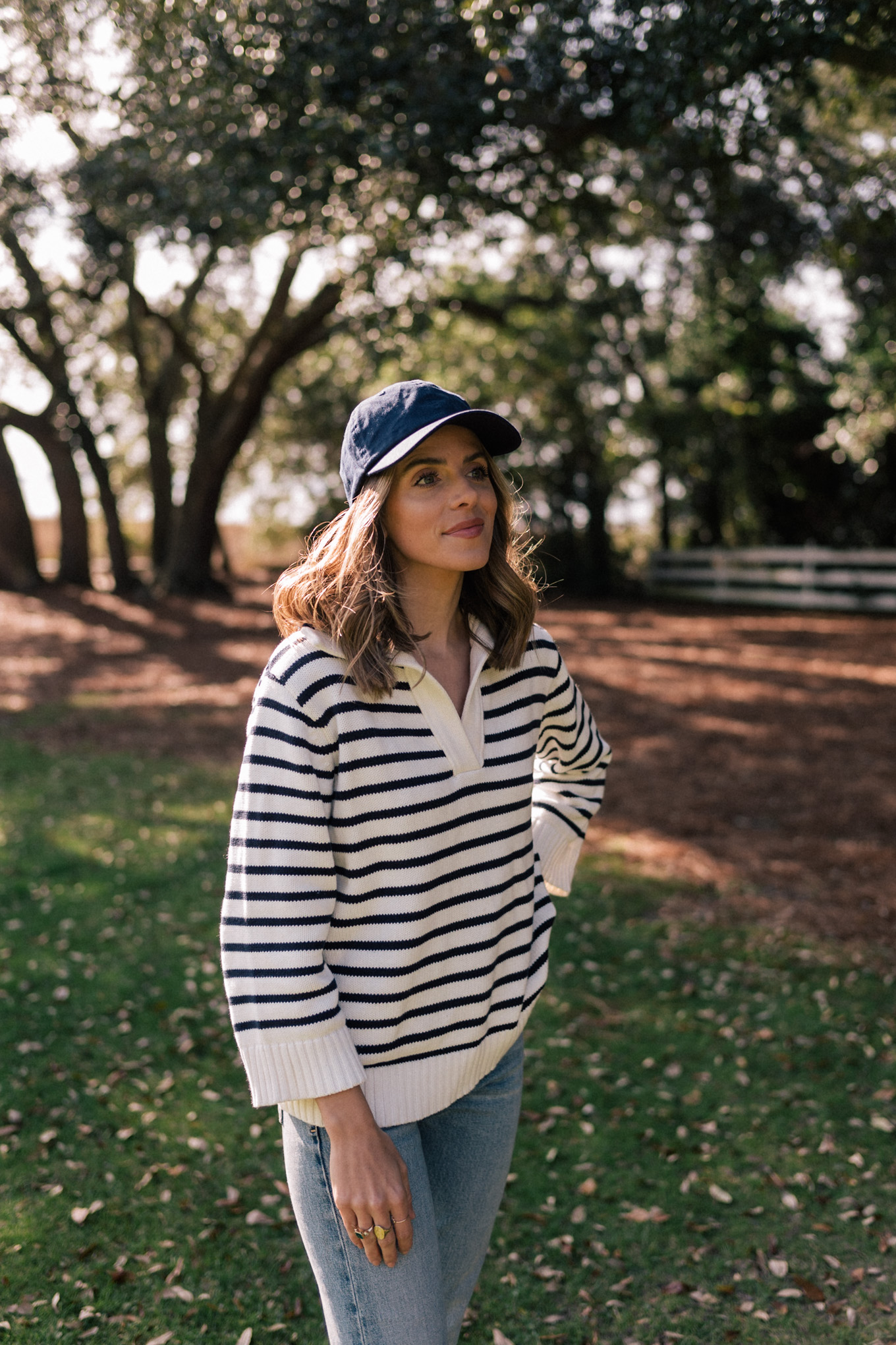 blue hat blue striped pullover