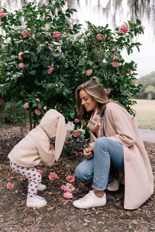 pink wool coat denim