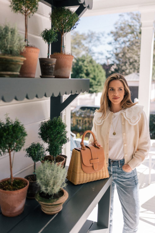 tan lace cardigan denim wicker leather handbag
