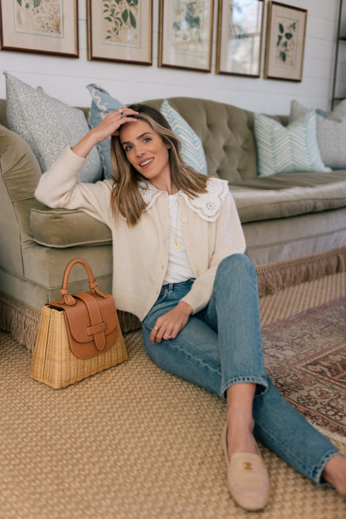 tan lace cardigan denim wicker leather handbag