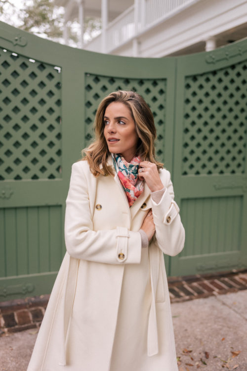 cream coat colorful scarf denim