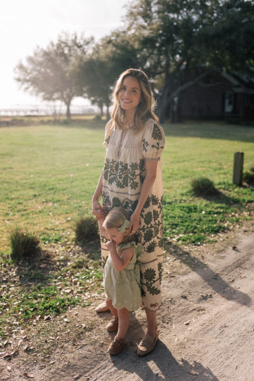sage green tan embroidered dress