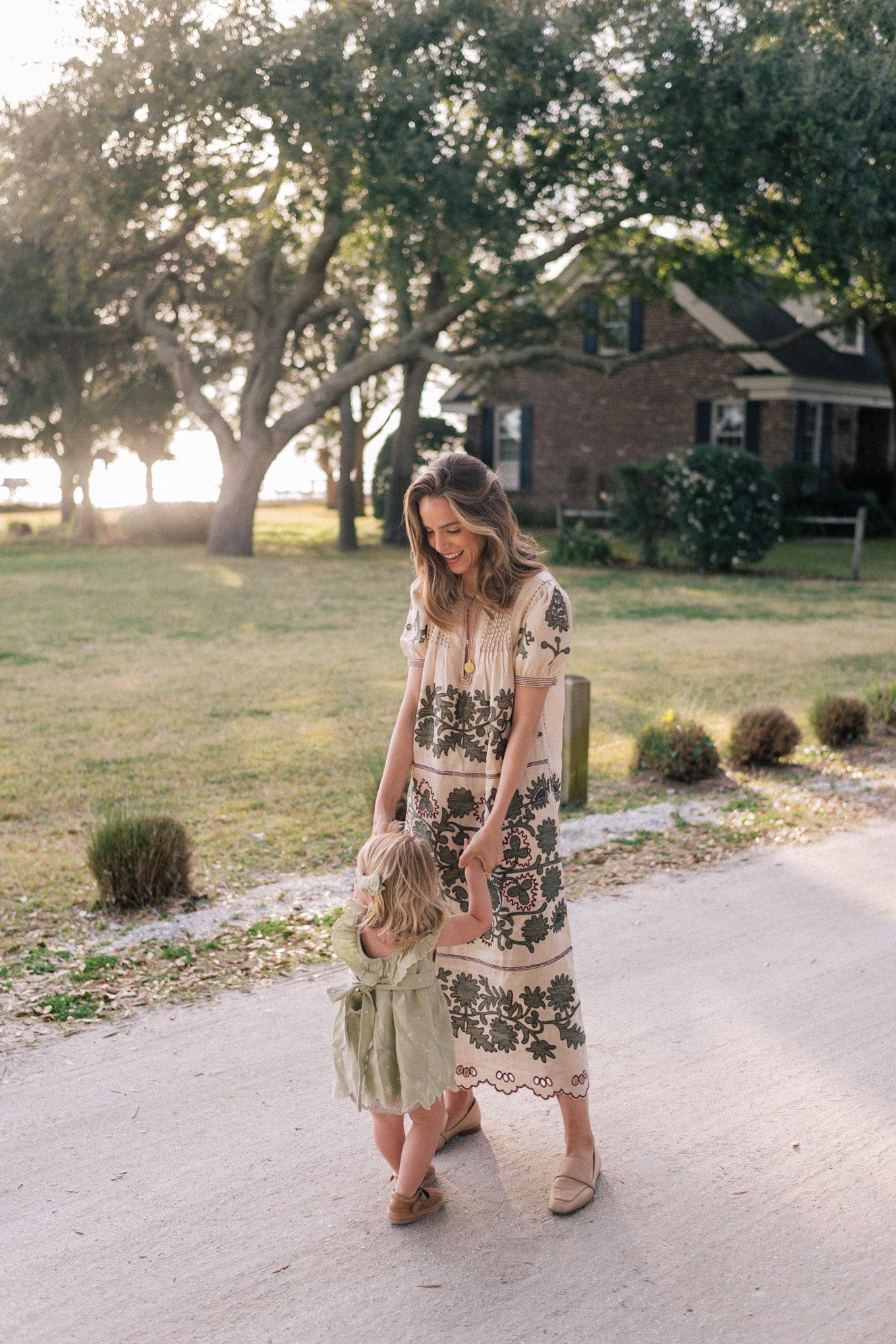 sage green tan embroidered dress