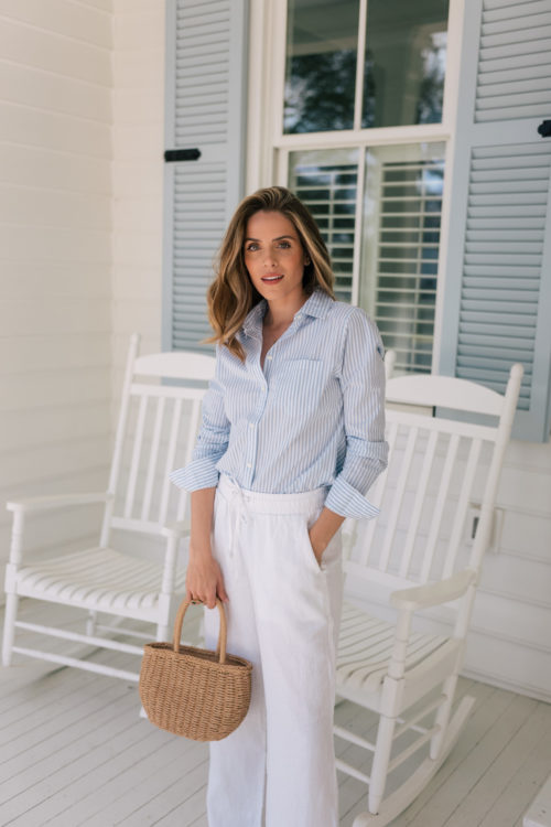 blue white stripe shirt white casual pants