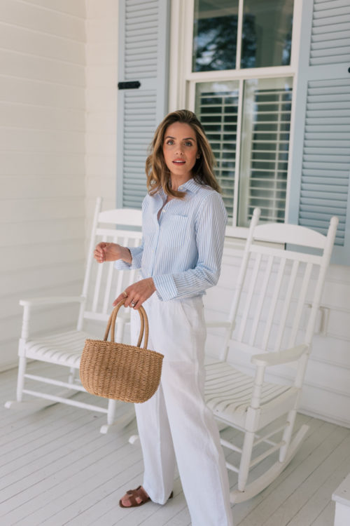 blue white stripe shirt white casual pants