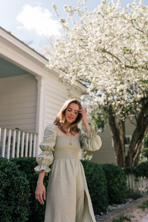 green linen smocked long sleeve dress