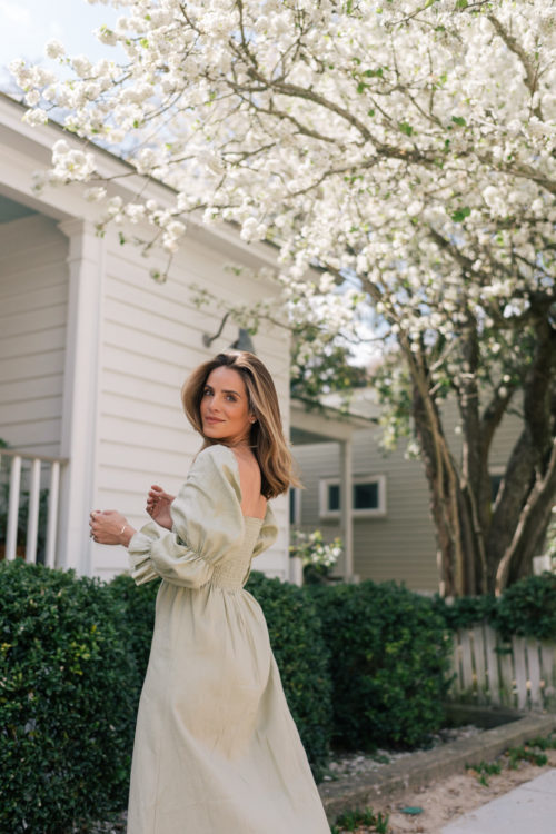 green linen smocked long sleeve dress