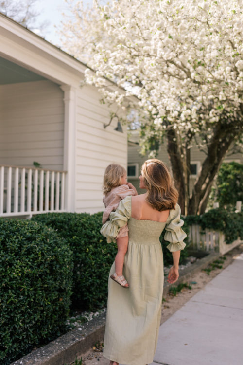 green linen smocked long sleeve dress