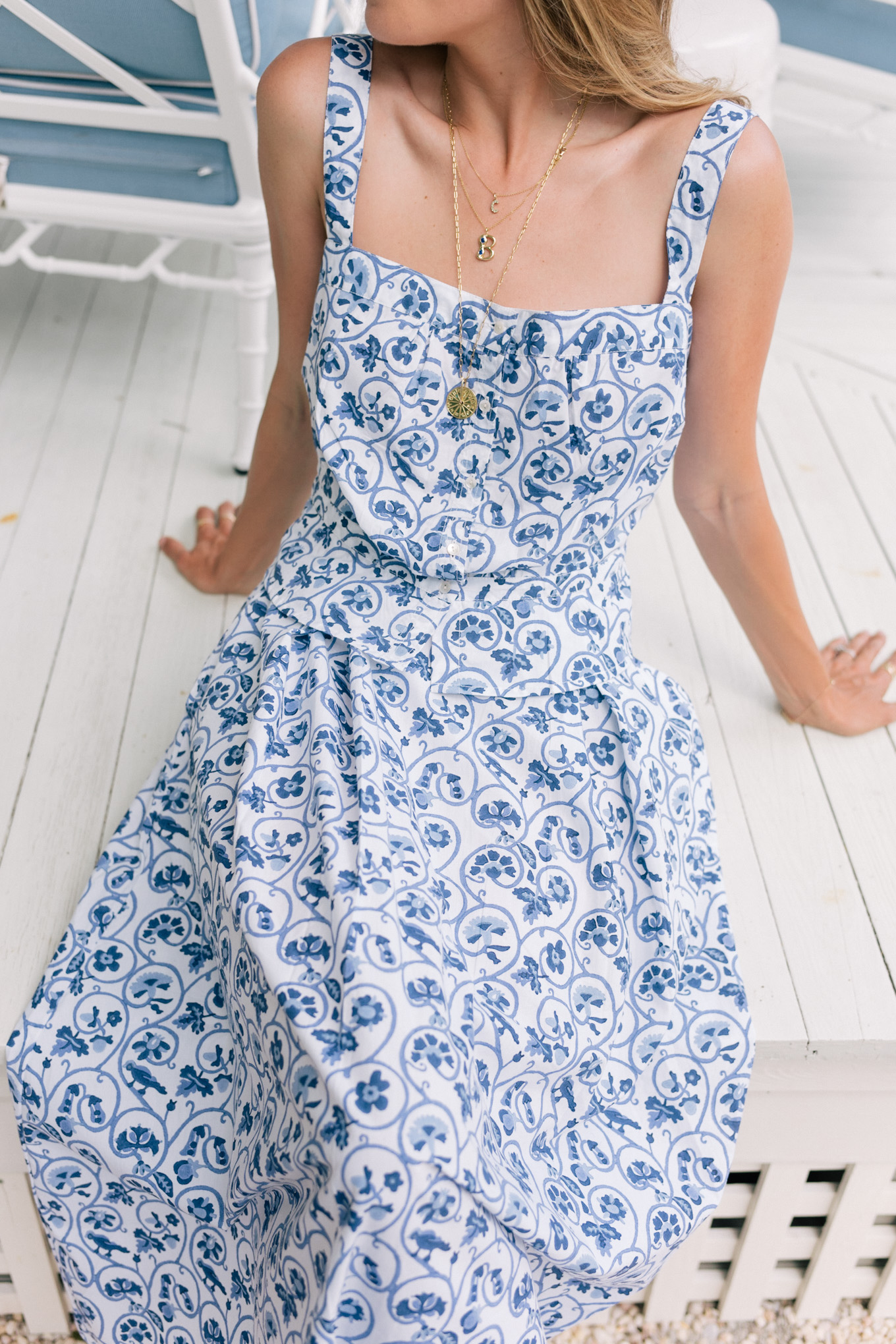 blue white floral top skirt set