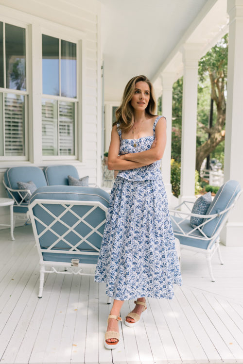 blue white floral top skirt set